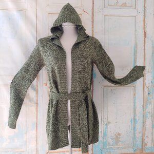 Derek Heart long sleeve hooded  knit cardigan duster sweater w tie/M/green